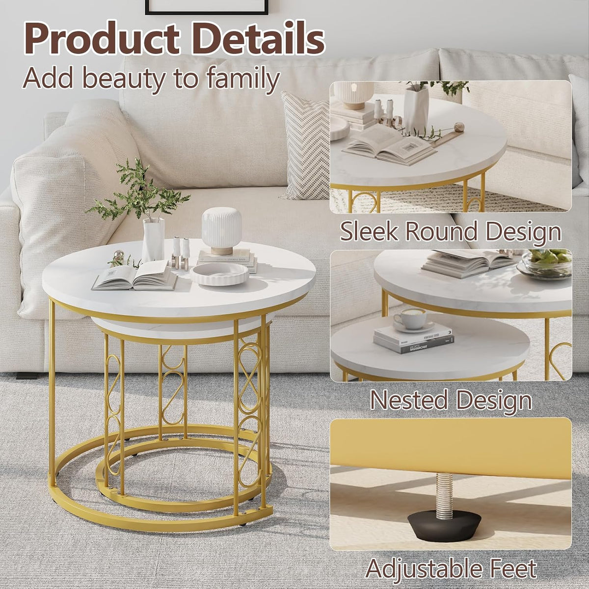 Garden 4 you Coffee Table Faux Marble Nesting Table for Small Place 2 Sets Modern Furniture Living Room Sets End Side Table Night Stand for Bed Room Dining Room (White & Gold)