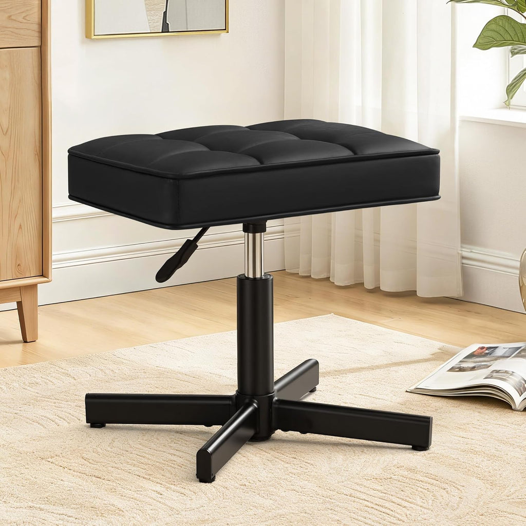 LUE BONA Adjustable Vanity Stool, Foot Rest Under Desk, 360° Swivel Vanity Chair for Makeup Room, Black Upholstered Faux Leather Ottoman for Bathroom & Living Room, 300lbs