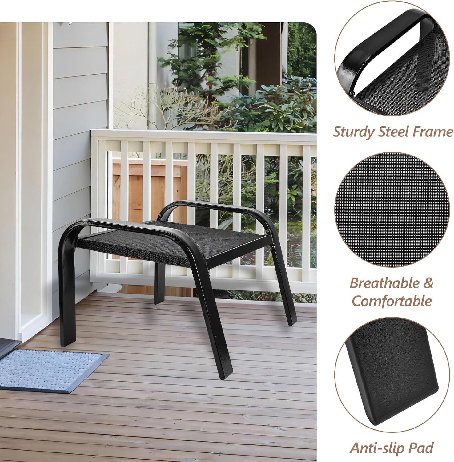 Outdoor Footstools All Weather Ottomans Solid Steel Frame Footrest Seat Side Table Black