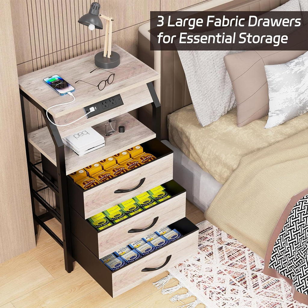 SZLHANJZ End Table with 3 Drawers, Night Stand with Charger Station and LED Lights, Small Nightstand with Fabric Storage, Farmhouse Side Table for Bedside, Living Room, Dorm, Greige