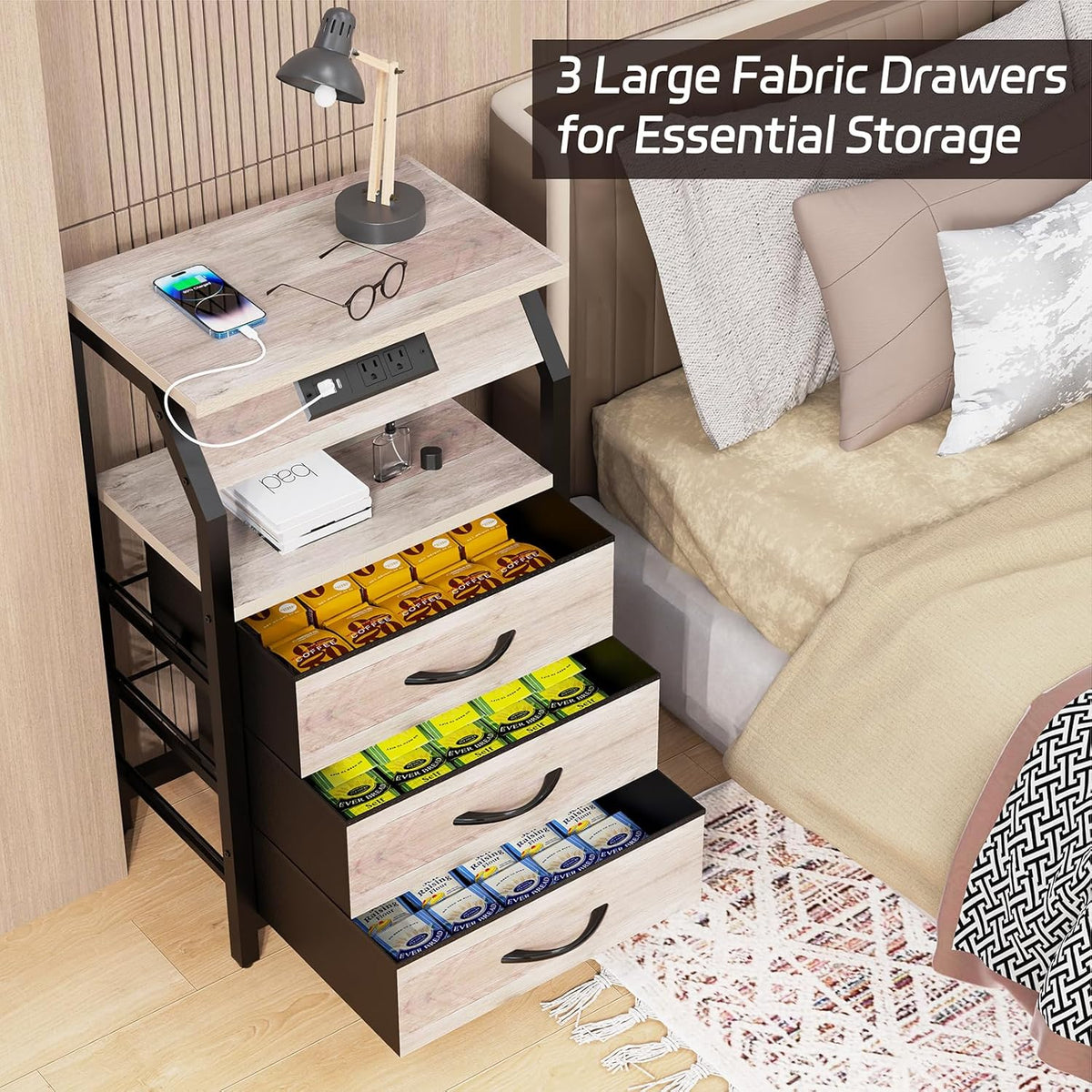 SZLHANJZ End Table with 3 Drawers, Night Stand with Charger Station and LED Lights, Small Nightstand with Fabric Storage, Farmhouse Side Table for Bedside, Living Room, Dorm, Greige