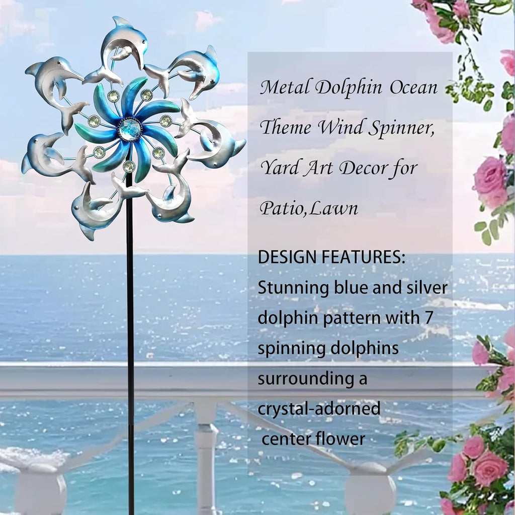 Dolphin Wind Spinners Garden Stake, 39" Metal Dolphins Wind Spinner Outdoor Decorations- Outside Lawn Stake Wind Sculptures for Yard Patio,Lawn & Garden Art Decor