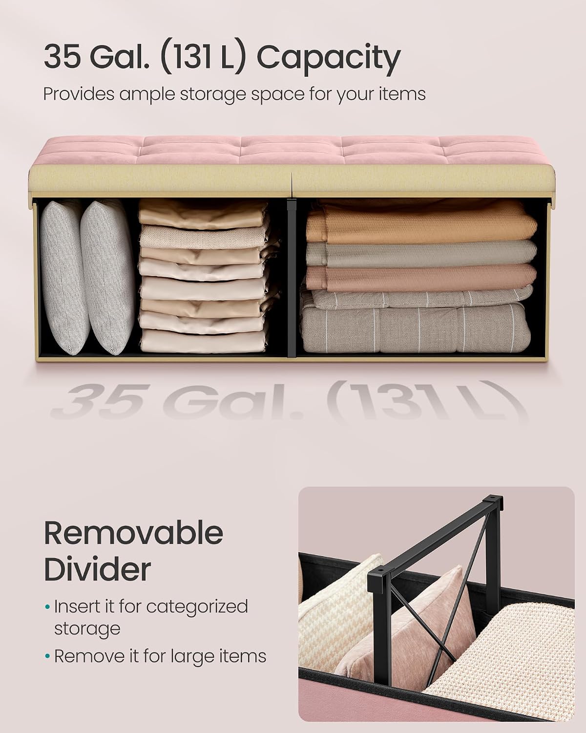 SONGMICS Foldable Storage Ottoman with Flipping Lid, 43.3 Inch Velvet Bench | Coffee Table, Folding Storage Bench for Bedroom, Entryway Shoe Bench, Jelly Pink, MINOTA Collection ULSF078SA01