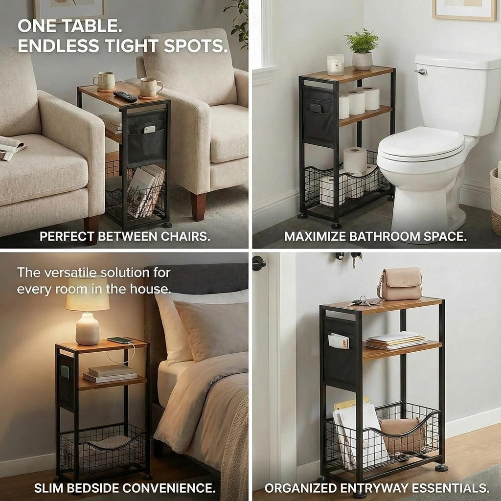 Skinny Side Table with Storage, 3 Tier Slim Side Tables for Small Spaces, Skinny End Table Narrow Bedside Table Narrow Side Table for Living Room, Bedroom