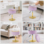 Adjustable Vanity Stool, Velvet Makeup Stool with Storage Purple | Small Vanity Chair, 360° Swivel Round Ottoman with Gold Base for Living Room, Bedroom