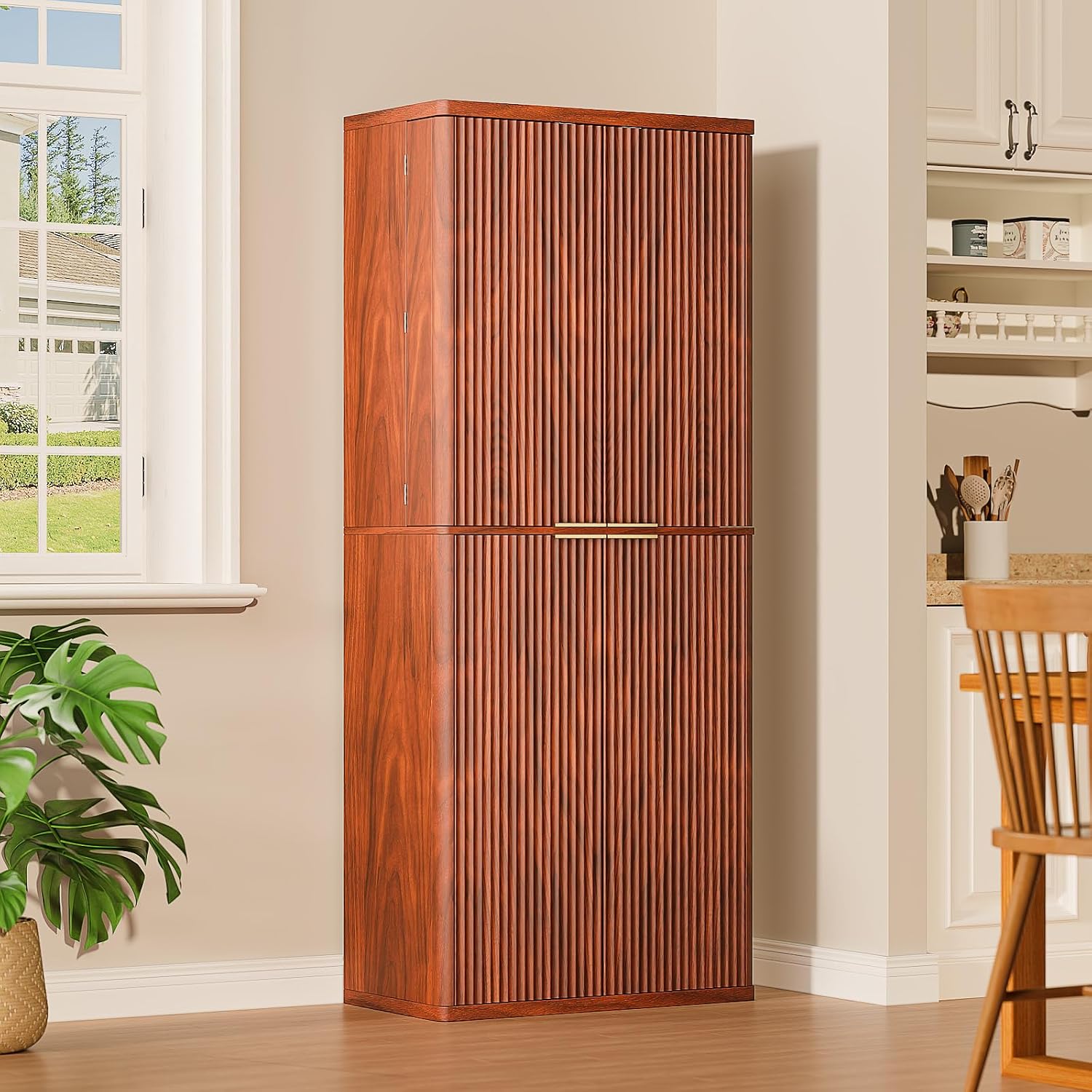 72" Tall Kitchen Pantry Modern Fluted Wood Storage Cabinet with Doors,6 Door Shelves, Organizer, Versatile Cupboard for Kitchen Dining (Walnut-Fluted)