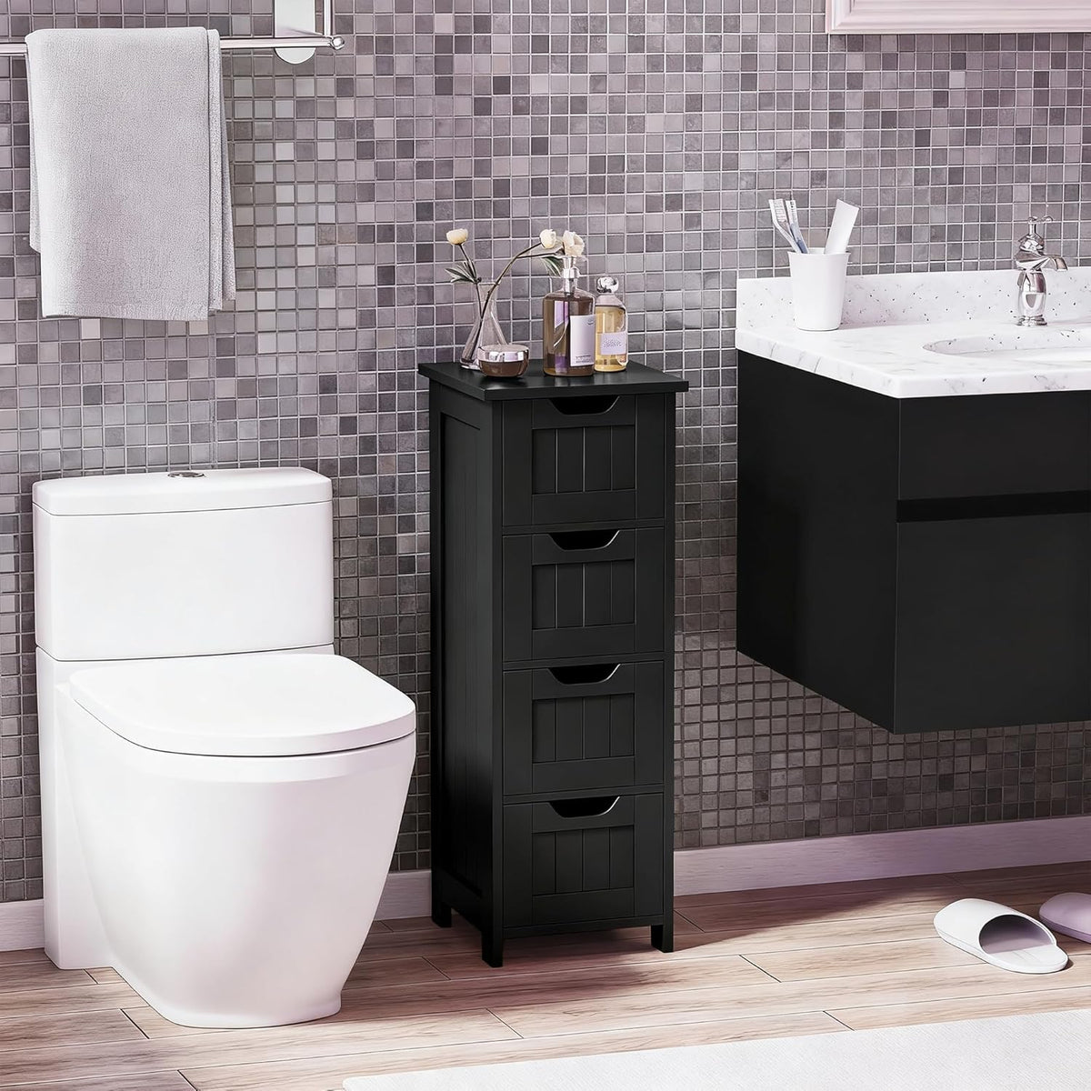 Bathroom Floor Storage Cabinet, Freestanding Wooden Side Organizer w/4 Drawers & Anti-Tip Kit for Bathroom Living Room Hallway Office Study, Black