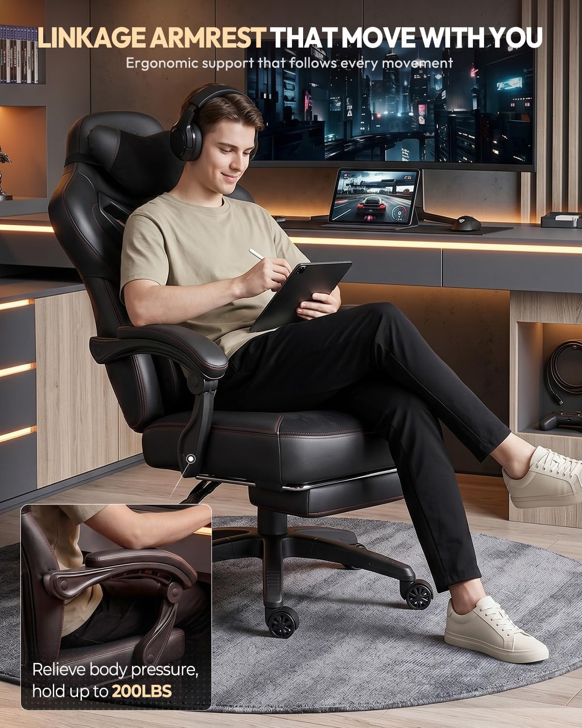 Dowinx Big and Tall Gaming Chair for Adults with Footrest, Massage Lumbar | Ergonomic High back with Pocket Spring Cusion Wide Seat, 90-135° Recline, Adjustable Height & Headrest for Home Office Black