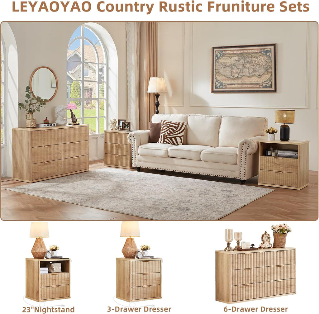 LEYAOYAO 23" Wide Fluted Farmhouse Night Stand Set of 2 with Charging Station, 3 Drawers Large End Table w/Metal Handle, Natural Nightstand Bedside Table,Wood Dresser for Bedroom, Closet