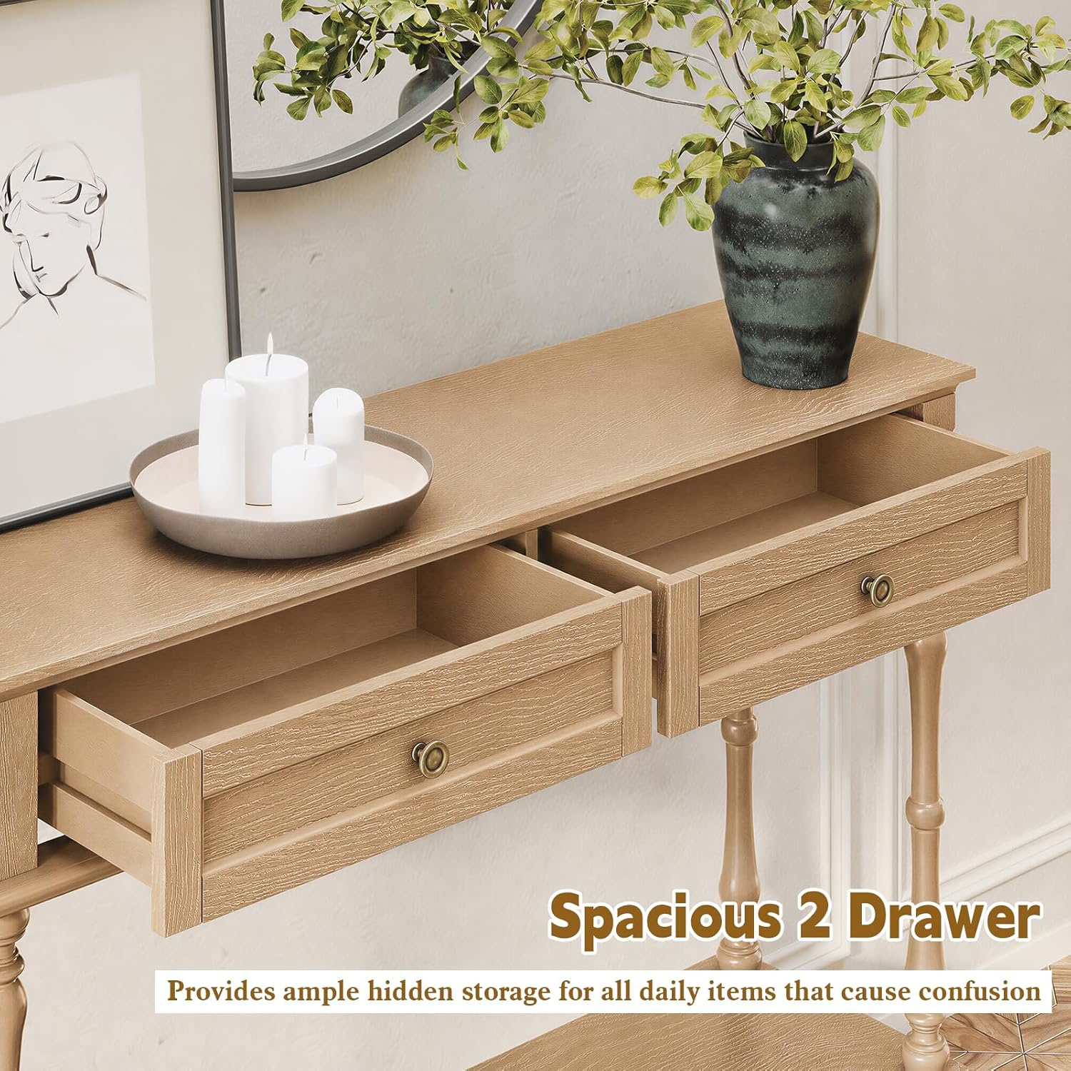 ARTPOWER Console Table for Entryway with 2 Drawers-Minimal Assembly,Retro Entryway Table with Storage Cabinets and Open Shelf,Narrow Long Couch Table Behind Sofa for Living Room,Foyer,Hallway,Natural