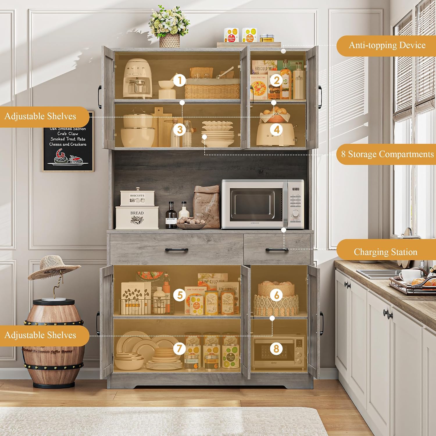 HOSTACK 71" H Kitchen Pantry Storage Cabinet, Farmhouse Hutch Cabinet, Grey | Space-Saving Pantry Cabinet with Charging Station & 2 Large Drawers & Adjustable Shelves, Tall Kitchen Hutch, Dining Room