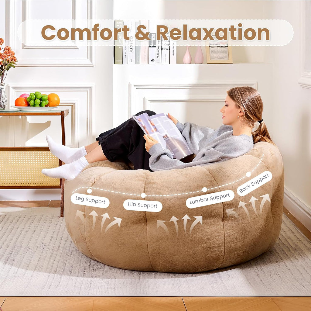 Flower Bean Bag Chair for Teens and Young Adults, Soft Faux Fur Floor Seating with Memory Foam, Aesthetic Room Decor Cozy Lounger for College Dorm, Khaki