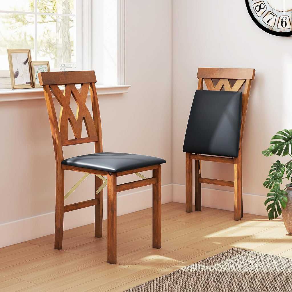 GIANTEX Folding Dining Chairs Set of 2, Farmhouse Upholstered Kitchen Chair | Wooden Dining Room Chairs w/Rubber Wood Frame, PVC Leather Seat, Hollowed Curved Backrest, Foldable Chair for Home Restaurant