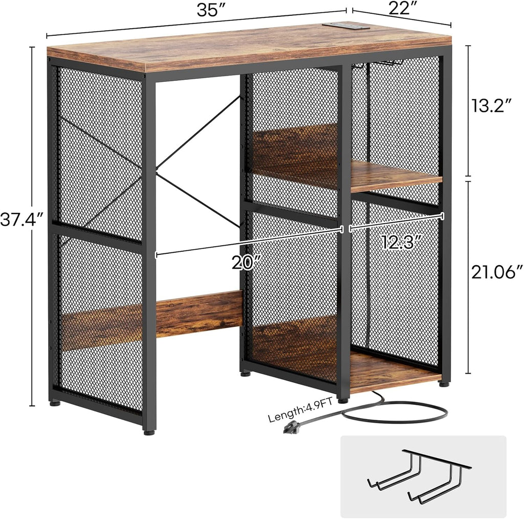 Homieasy Mini Fridge Cabinet with Power Outlet, Rustic Brown | Coffee Bar Cabinet with Mini Fridge Space, Industrial Liquor Cabinet with Wine Storage & Glass Holder for Dorm, Living Room