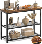 Besiost 32" Industrial Console Table with 3-Tier Storage, Oak Grey | Small Entryway Table with Mesh Shelves, Sofa Table Behind Couch for Hallway, Foyer, Living Room, Sturdy Metal Frame