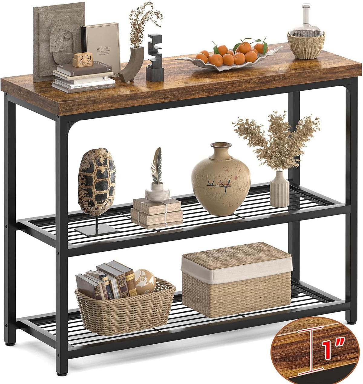 Besiost 32" Industrial Console Table with 3-Tier Storage, Oak Grey | Small Entryway Table with Mesh Shelves, Sofa Table Behind Couch for Hallway, Foyer, Living Room, Sturdy Metal Frame