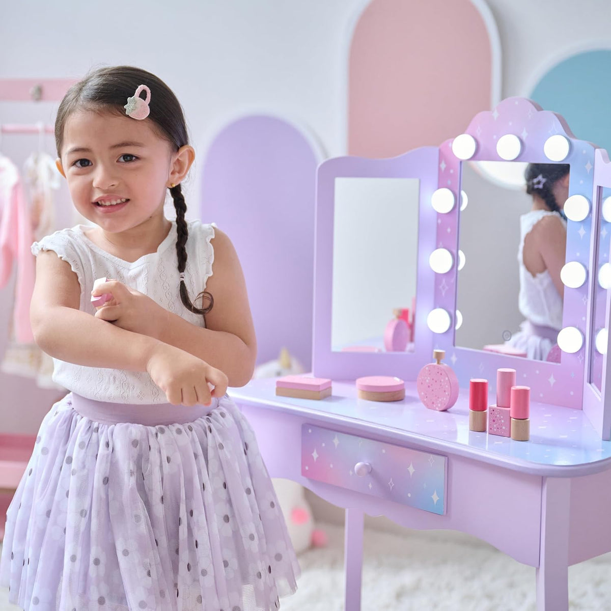 Teamson Kids Gisele Medium Vanity with Stool, Purple, Ages 3+ | Stardust Print, LED Lights & Touch Sensor Mirror, Storage Drawer, Pretend Play, Elegant Dressing Table Set