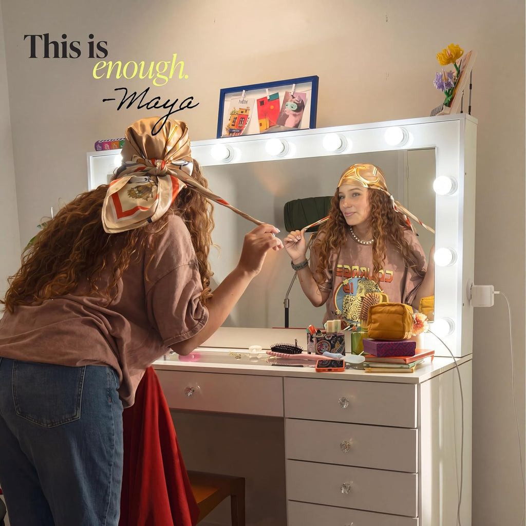 Boahaus Verona Large Vanity Desk with Framed Bulb Mirror – 8 Drawer Makeup Station with Integrated Power
