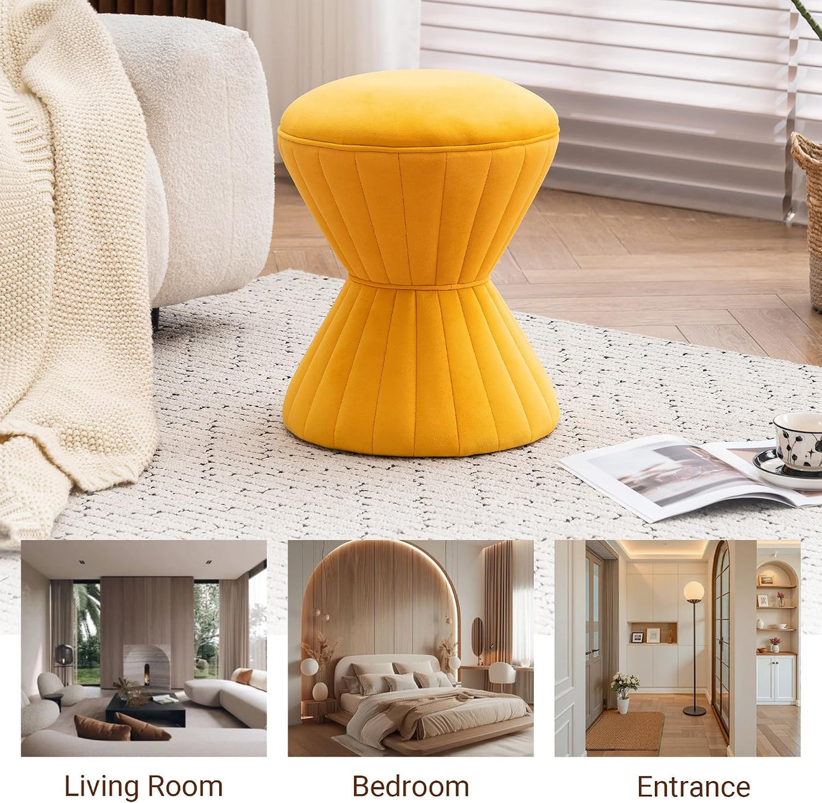 Multifunction Velvet Ottoman, Upholstered Vanity Stool Chair, Sturdy Round Footstool for Makeup, Living Room, Bedroom, Entryway (Mustard)