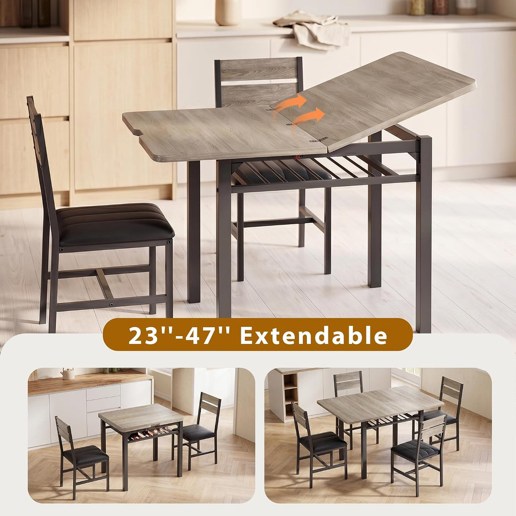 MapleGrace Extendable Dining Table Set for 4 with Storage Rack, 5-Piece Kitchen Table with 4 Upholstered Chairs, Metal Frame & MDF Board, Space-Saving for Small Apartment, Gray