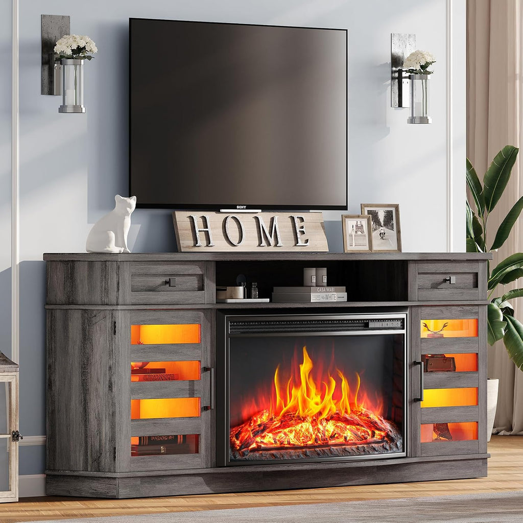 AMERLIFE 70" Fireplace TV Stand with 36'' Curved Electric Fireplace | Wash Gray LED TV Console, Farmhouse Living Room Entertainment Center, 2 Drawers & Adjustable Shelves, Fit TVs up to 80"