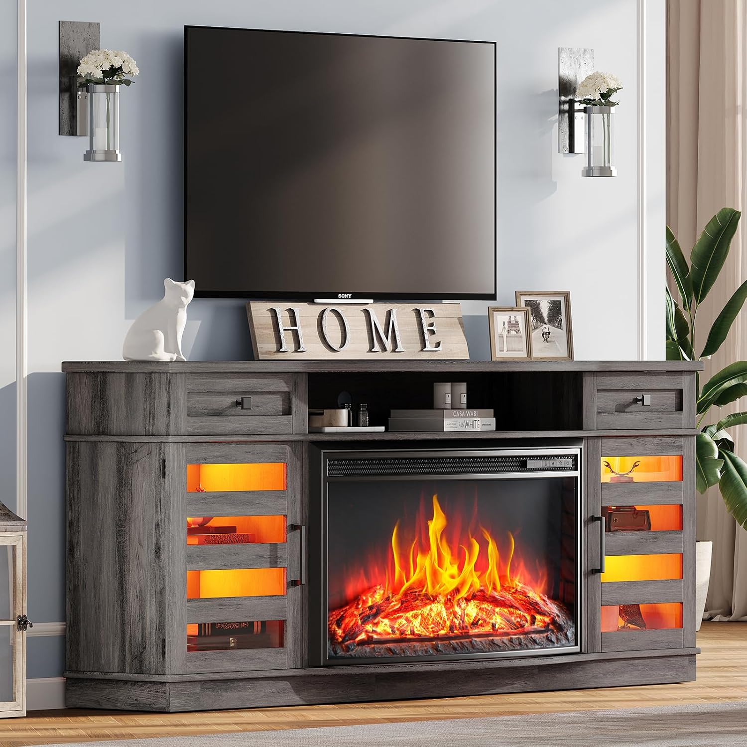AMERLIFE 70" Fireplace TV Stand with 36'' Curved Electric Fireplace | Wash Gray LED TV Console, Farmhouse Living Room Entertainment Center, 2 Drawers & Adjustable Shelves, Fit TVs up to 80"