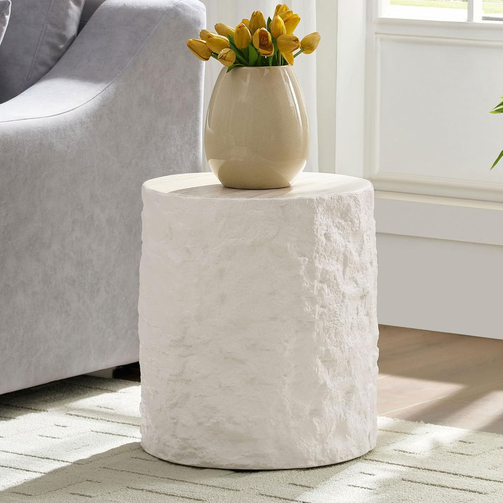 WILLIAMSPACE 15.75" Round End Table Side Table with Cement Stone Pattern for Living Room, Modern Circle Fiberglass Small Coffee Sofa Table, No Need Assembly (Beige)
