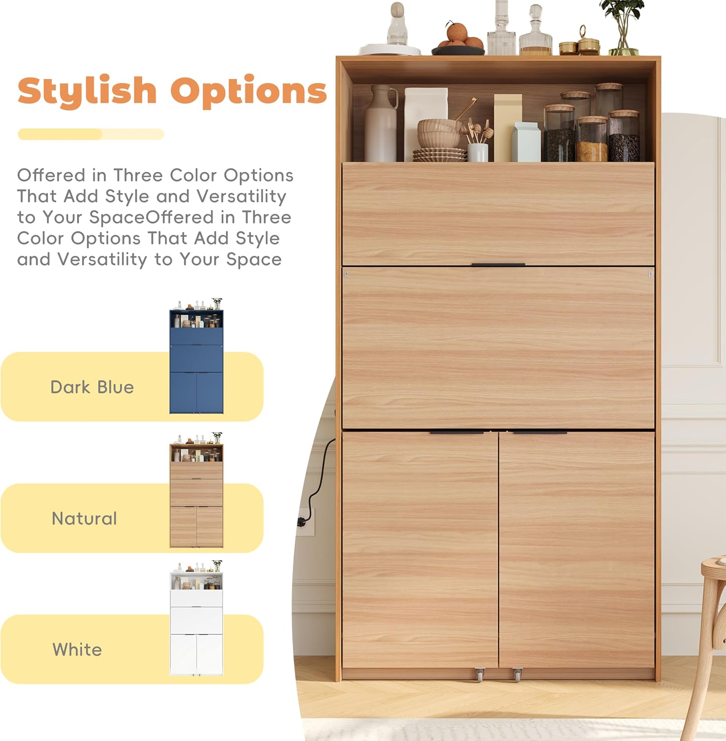 69" Compact Kitchen Pantry with Power Outlet, Freestanding Wooden Kitchen Organizers Storage Cabinet with Hutch and Foldable Workstation, Pantry Buffet with Adjustable Shelf for Dining Room, Natural