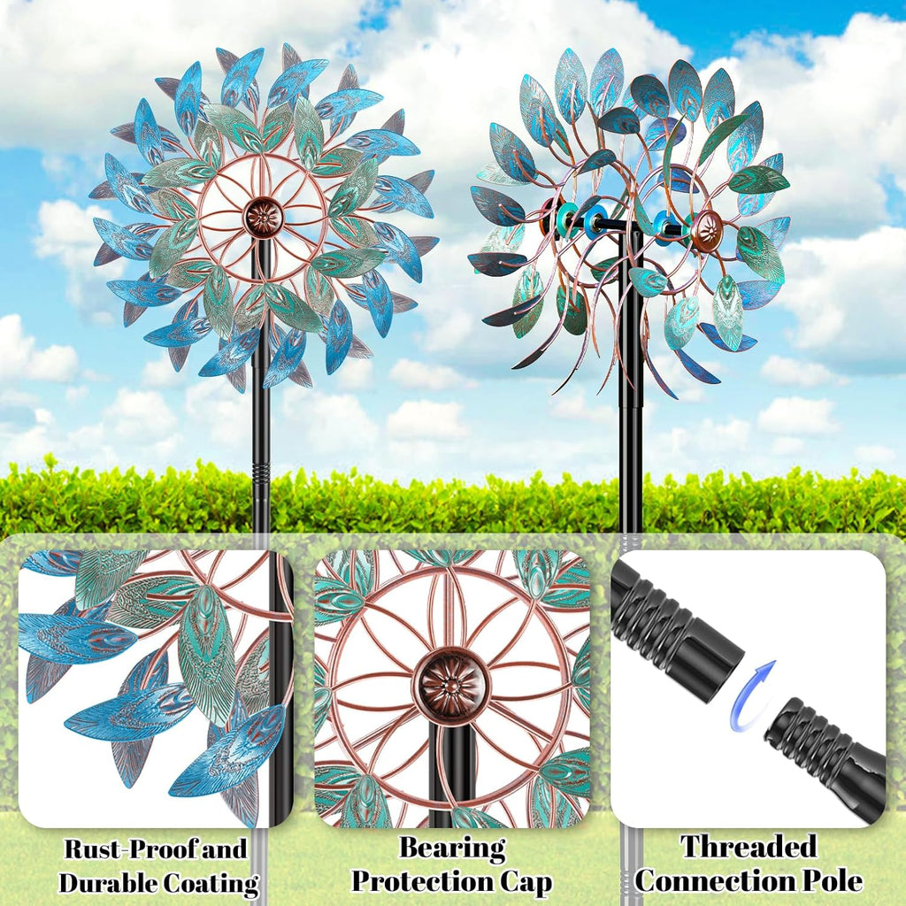 66 Inch Metal Outdoor Wind Spinner, 2-Way Wind Sculpture Spinner with Metal Stake, Waterproof 360 Degrees Kinetic Windmill Art Decoration for Patio Garden Lawn (A- Vintage Blue)