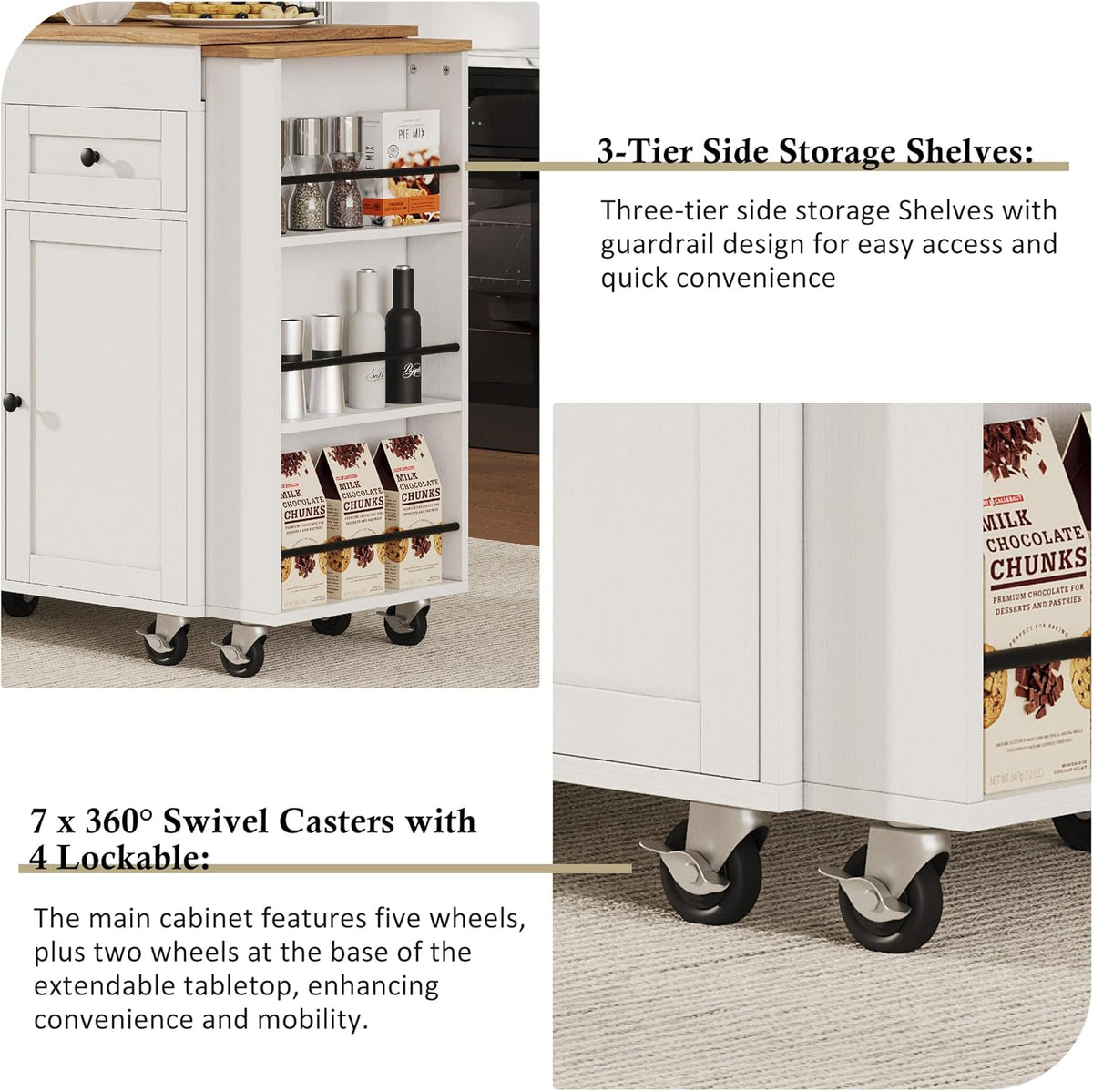 54.1"-85.5" Rolling Kitchen Island with Slide Out Table Grey