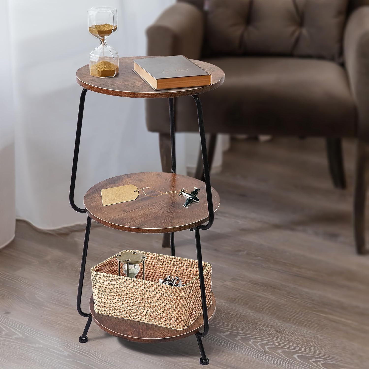Small Round Side Table - 3 Tier End Table with Storage Shelf, Slim Industrial Coffee Table for Small Spaces, Living Room & Bedroom Narrow Gaps, Rustic Brown