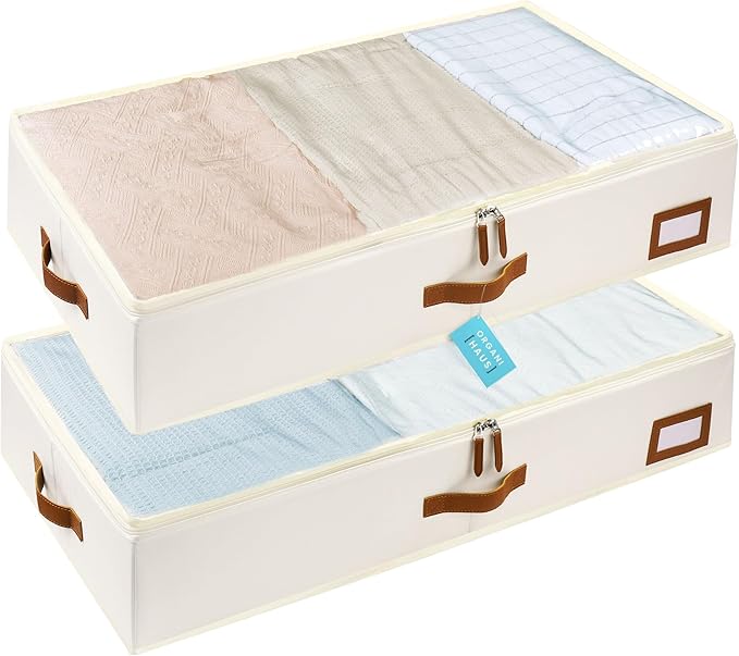 OrganiHaus Under Bed Storage Containers, Bedroom Storage and Organization Bins, Clothes Organizer for Closet with Clear Cover and Reinforced Handles - Set of 2 33x17x6 inches Off-White