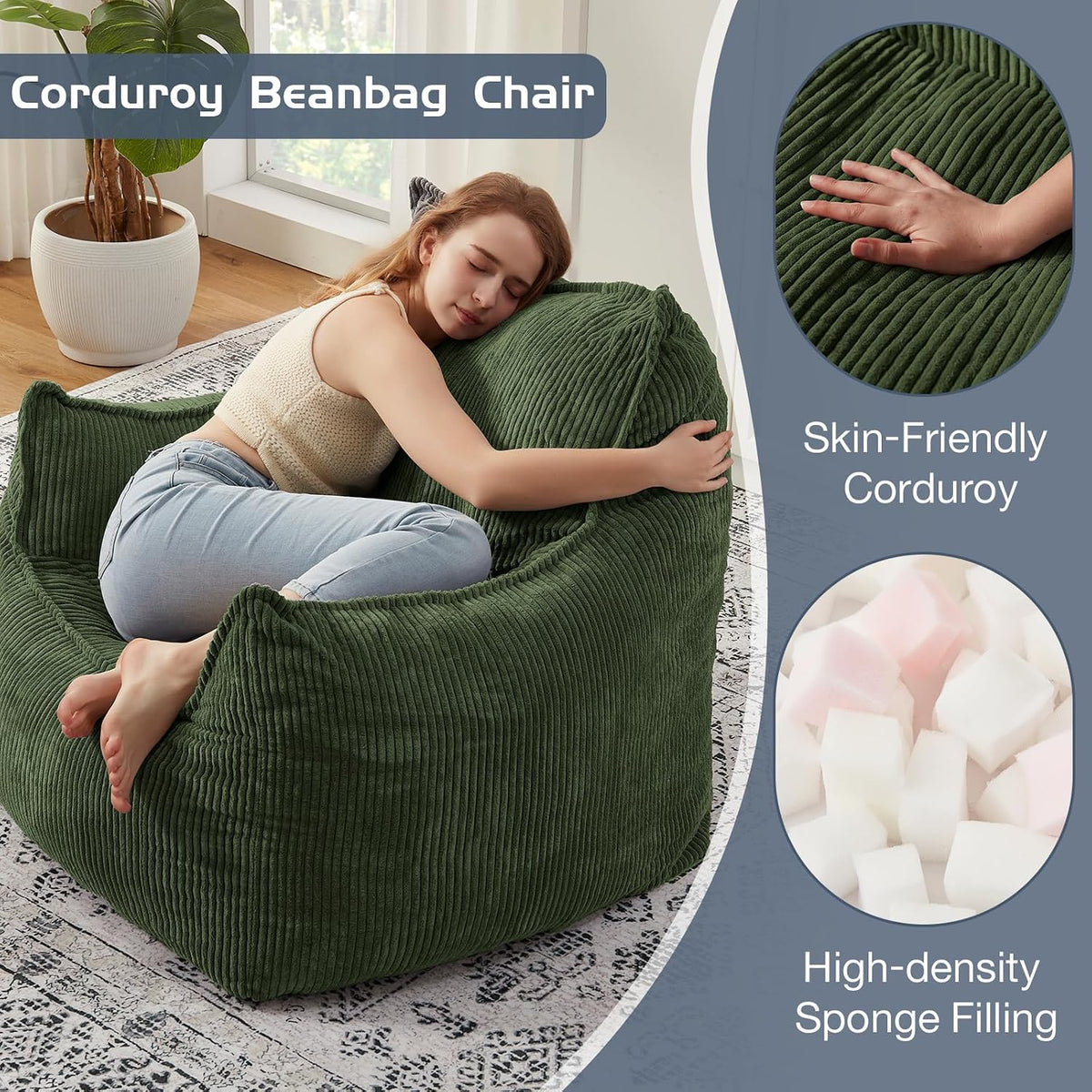 EBENCHICO Giant Bean Bag Chair for Adults, Corduroy Large Bean Bag Chairs for Teens with Armrests, Comfy Adult BeanBag Chair Sofa Couch with Filler Included for Bedroom Living Room