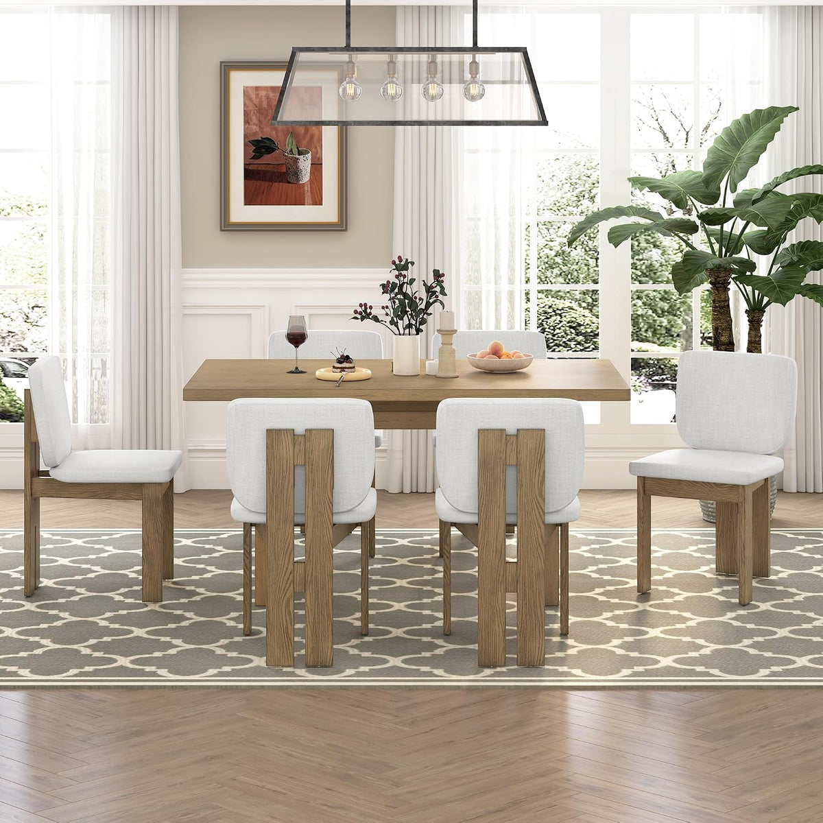 Merax Wood Dining Table Set for 6, Rectangular Tabletop/Upholstered Chairs/Retro Geometric Design, Ideal for Dining-Room and Kitchen, Natural