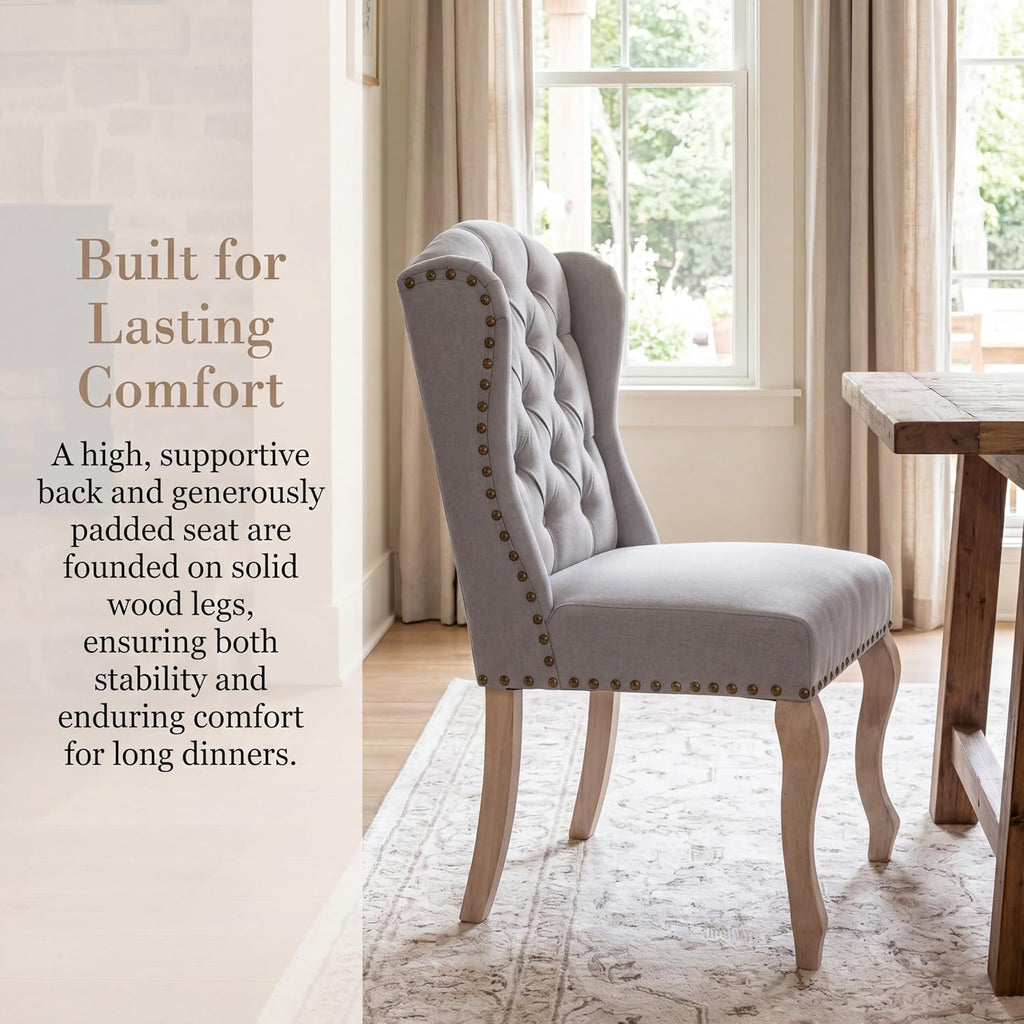 chairus Tufted Upholstered Parsons Dining Chairs Set of 6, Grey Linen | Linen Upholstery, Tufted Wingback, Solid Wood Legs, Nailhead Trim, High Back, French Country Kitchen Chairs for Dining Space