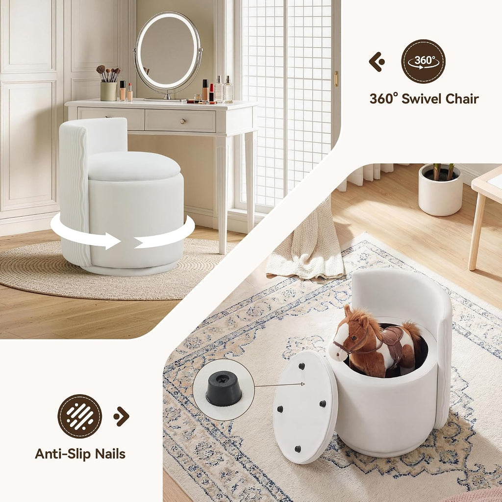 HUBSON Vanity Chair with Storage, Swivel Velvet Chairs with Back, Modern Round Accent Makeup Chair, No Assembly Vanity Stool for Living Room, Bedroom, Dressing, White