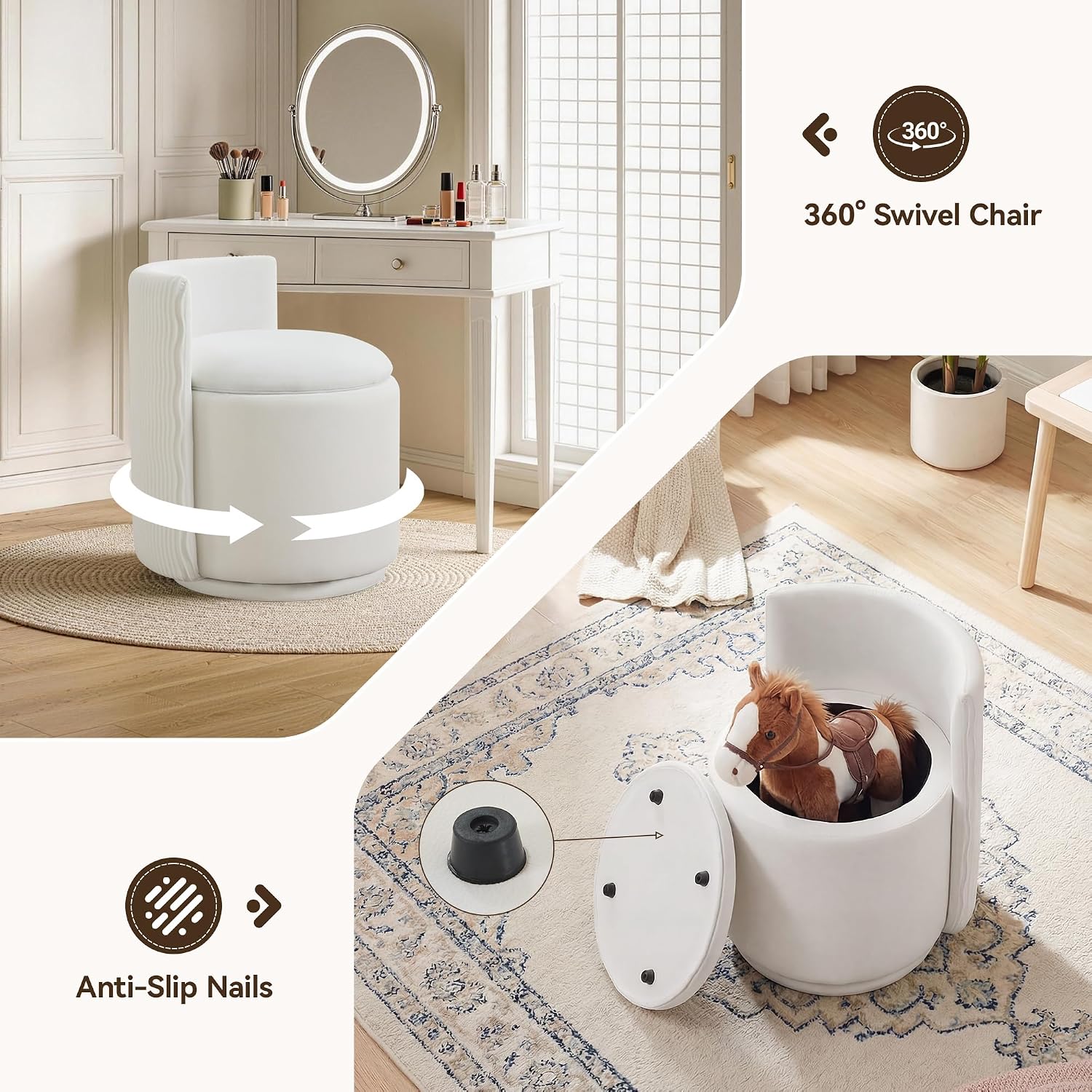 HUBSON Vanity Chair with Storage, Swivel Velvet Chairs with Back, Modern Round Accent Makeup Chair, No Assembly Vanity Stool for Living Room, Bedroom, Dressing, White