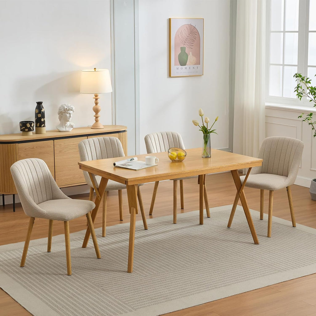 Dining Chairs Set of 6,Modern Fabric Upholstered Kitchen Chairs with Solid Oak Legs,Weight Capacity 300lbs,Easy Clean Fabric,Ergonomic Curved Back (Beige 6PCS, Oversized)