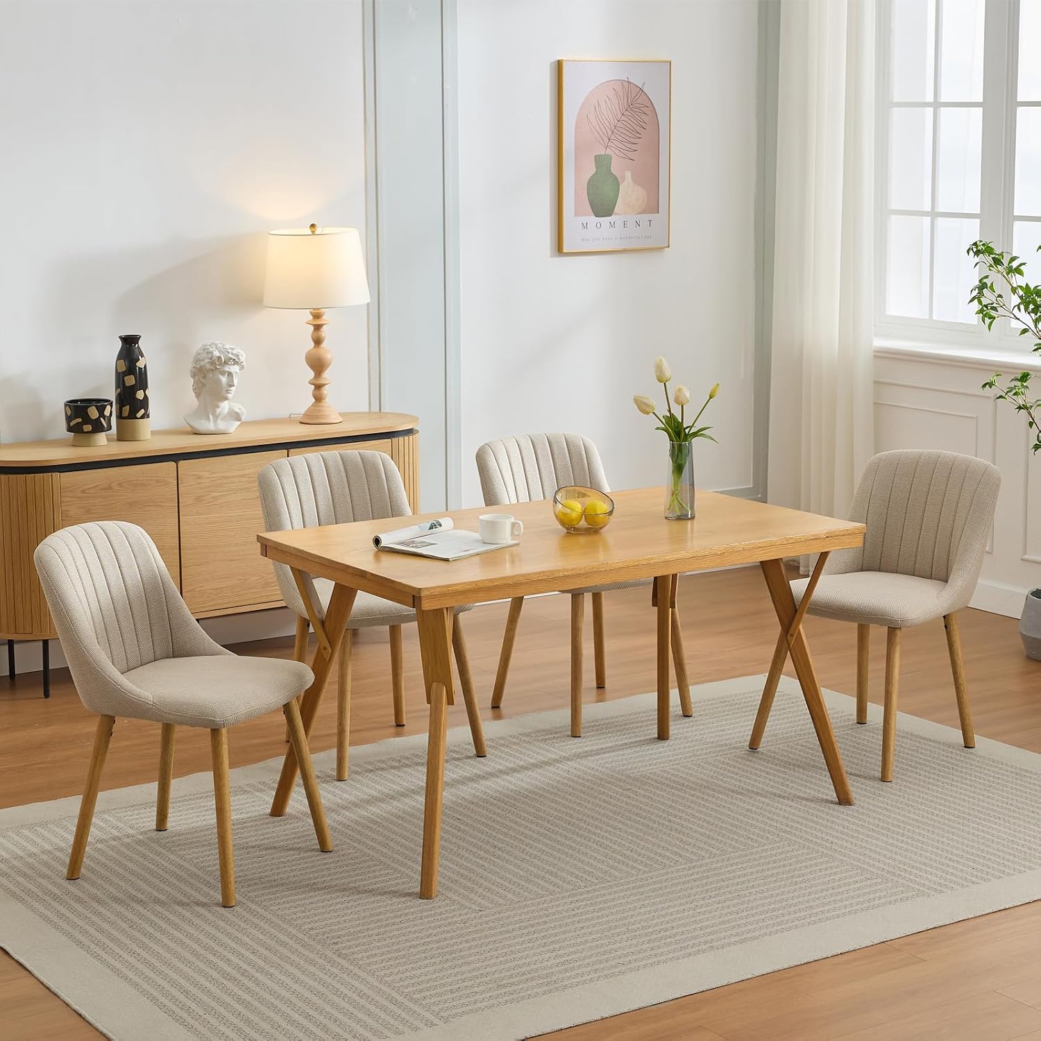 Dining Chairs Set of 6,Modern Fabric Upholstered Kitchen Chairs with Solid Oak Legs,Weight Capacity 300lbs,Easy Clean Fabric,Ergonomic Curved Back (Beige 6PCS, Oversized)