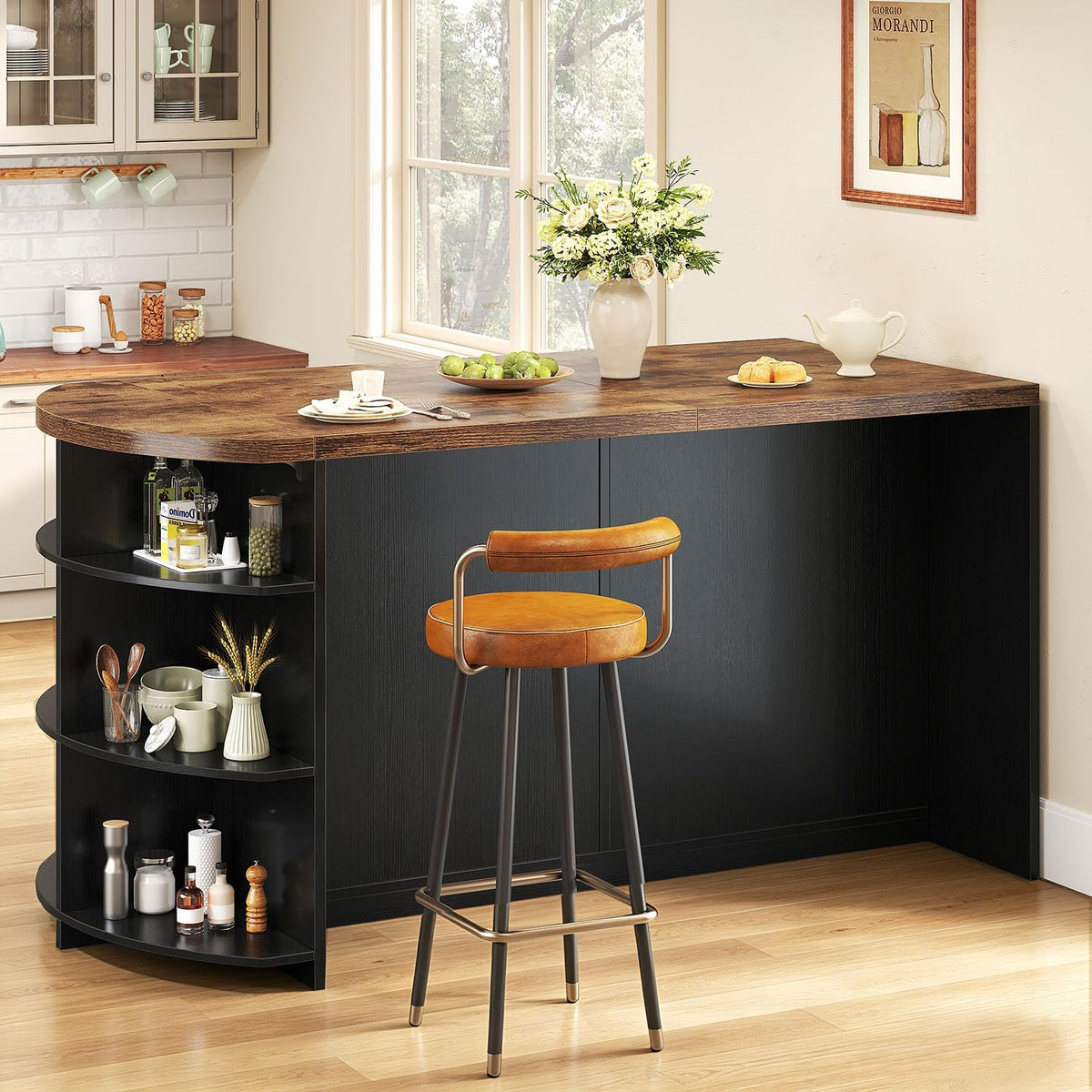HSH 63 Inch Large Kitchen Island with Storage and Seating, Rustic Brown | Stationary Island Table with Storage Drawers, Cabinets, Oval Open Shelves, Wood Counter Prep Island for Kitchen Dining Room