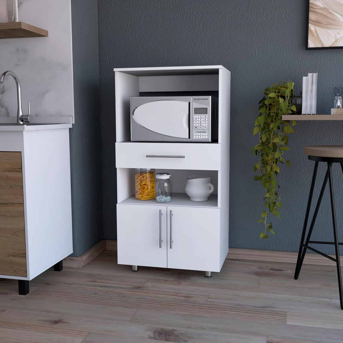 FM FURNITURE Corsica Pantry Cabinet Microwave Stand, Multi-Function with Drawer,White