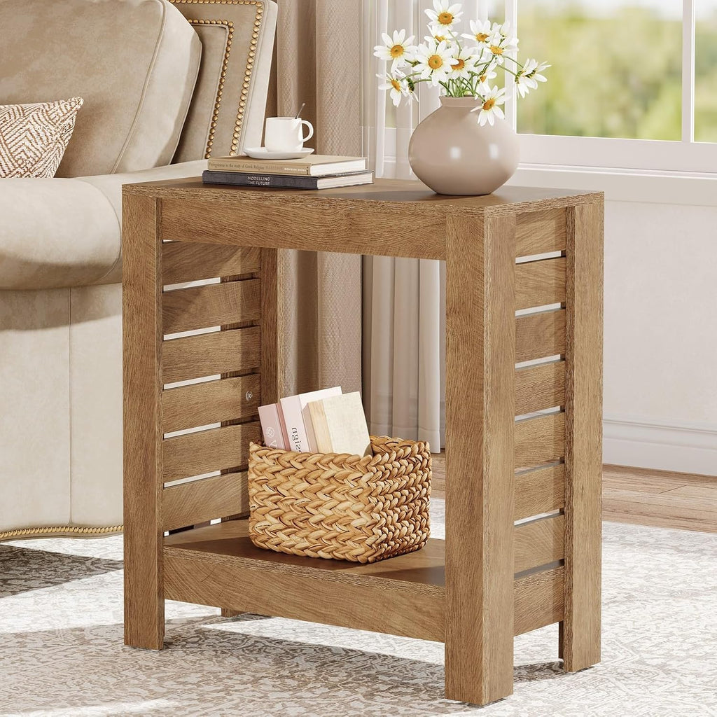 Tribesigns Narrow Side Table, 2-Tier Farmhouse Wooden End Table with Storage Shelf, Skinny Accent Nightstand for Living Room, Bedroom and Office, Easy Assembly (1)