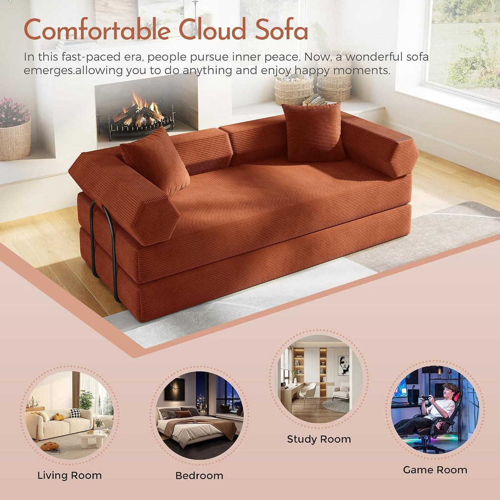 79" Convertible Futon Sofa Bed, Couch for Living Room | Orange | Modular Sleeper Sofa, Corduroy Pull Out Floor Couch Loveseat with Fixed-Shape Frame, No Assembly