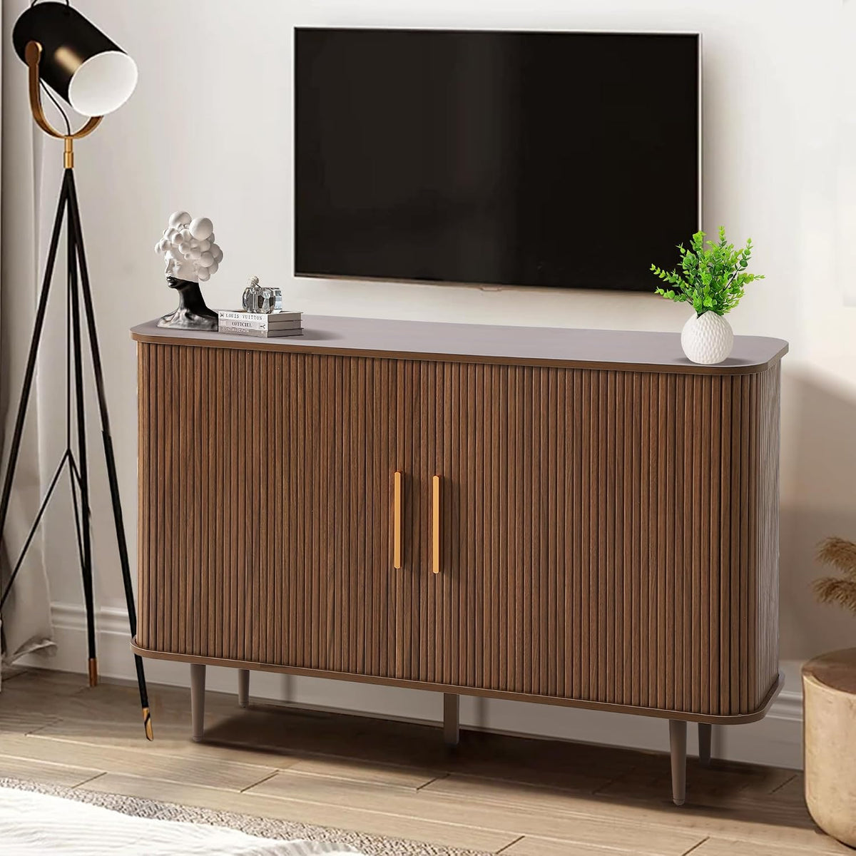 47" Fluted Buffet Cabinet with Tambour Sliding Doors, Modern Sideboard Buffer Cabinets with Storage & Adjustable Shelves, Mid Century Credenza Accent Cabinet for Living Room Entryway (Brown)