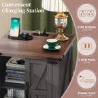 Merax Farmhouse End Table with Charging Station, Rustic Wood Nightstand with Adjustable Shelf, 19.6" W Versatile Walnut Sofa Side Table with Barn Doors & Retro Hinges for Bedroom, Living Room, Grey