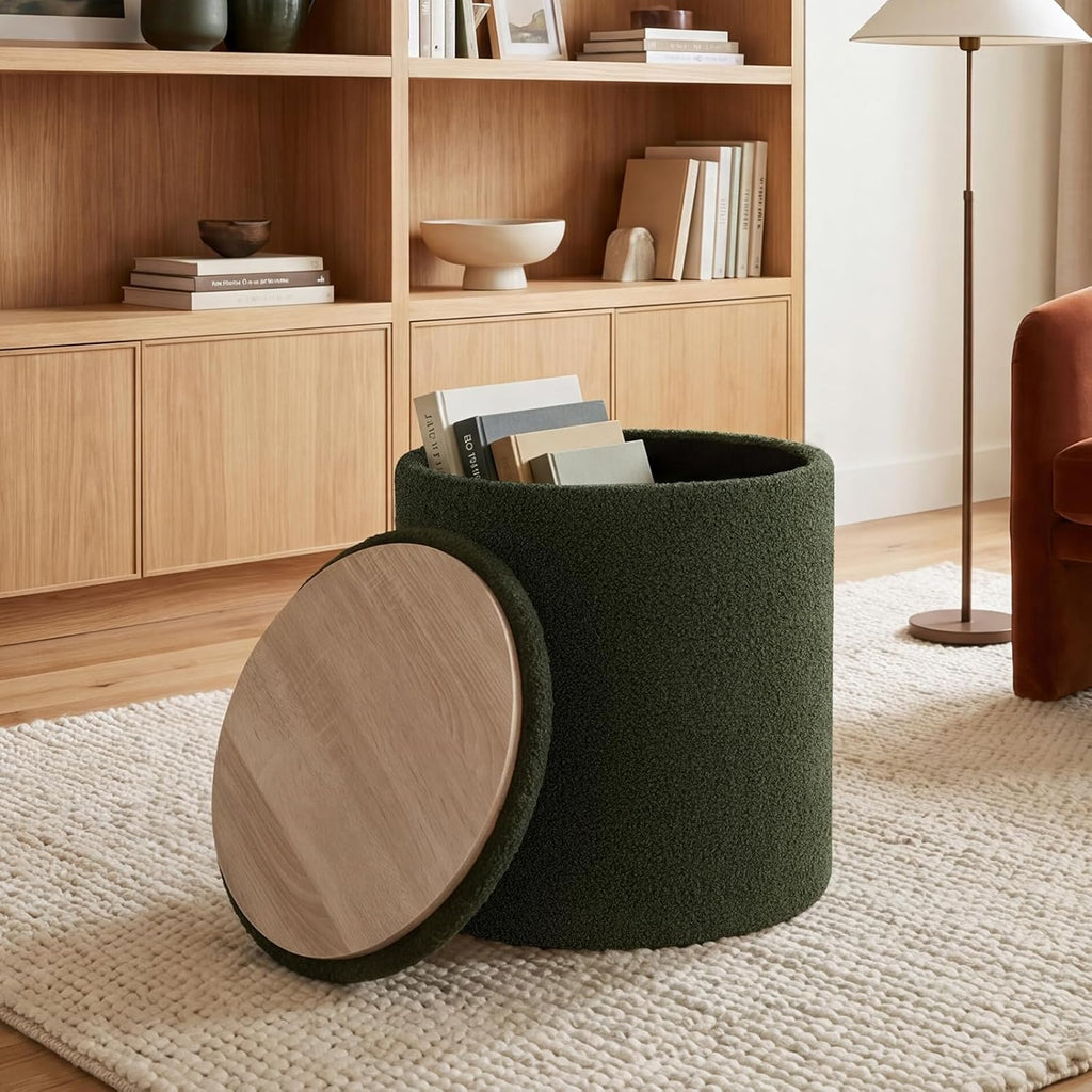 Joveco 14.5" Small Ottoman with Storage, Teddy Velvet Foot Rest Stool with Reversible Wood Tray Lid, Round Storage Ottoman Coffee Table, Vanity Stool for Living Room, Olive Green