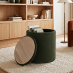 Joveco 14.5" Small Ottoman with Storage, Teddy Velvet Foot Rest Stool with Reversible Wood Tray Lid, Round Storage Ottoman Coffee Table, Vanity Stool for Living Room, Olive Green