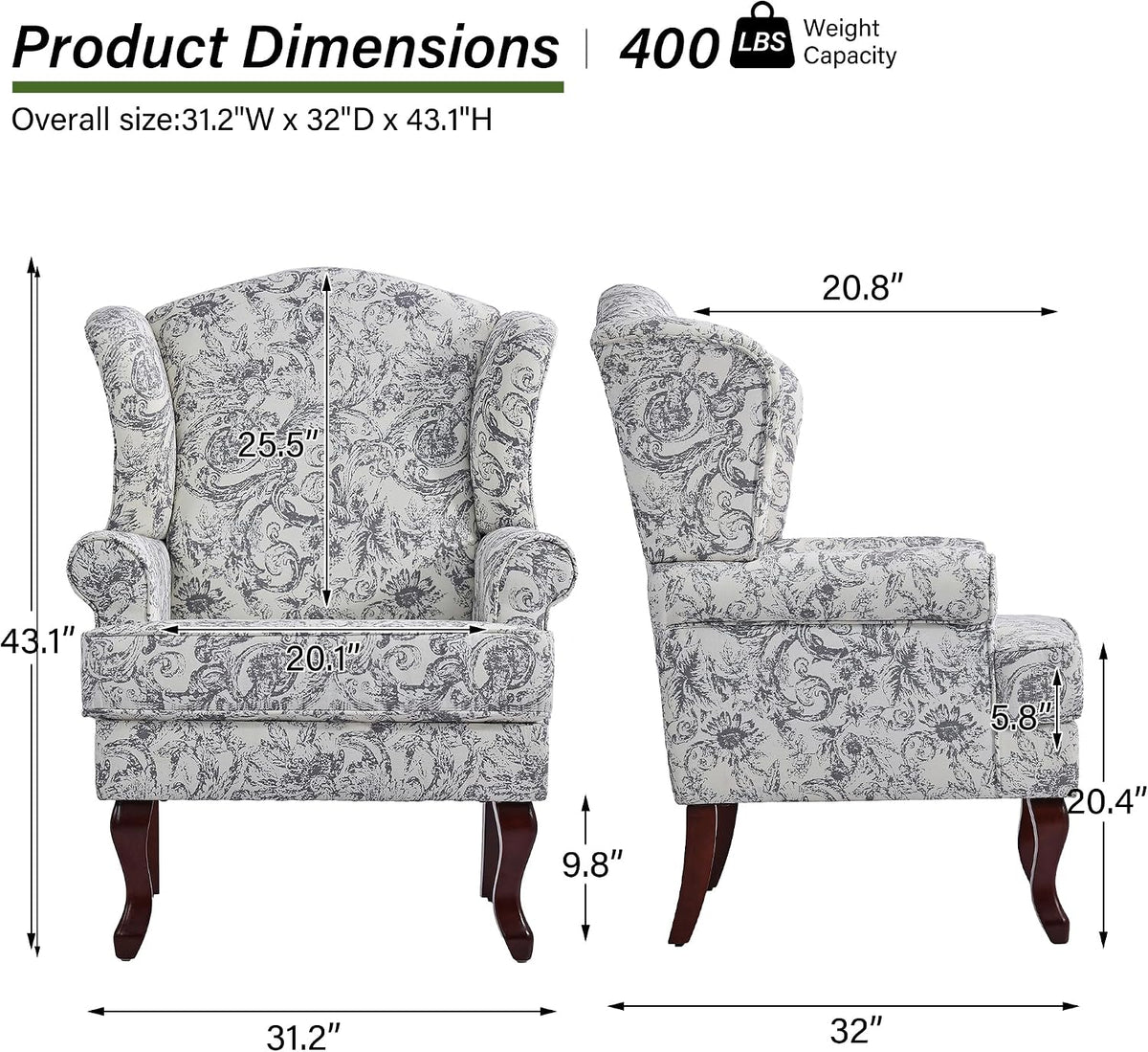 Mid-Century Modern Wingback Accent Chair, Rococo Light Grey, Set of 2 | High Back Upholstered Armchair with Solid Wood Legs, Comfy Single Sofa Reading Chairs for Living Room, Bedroom