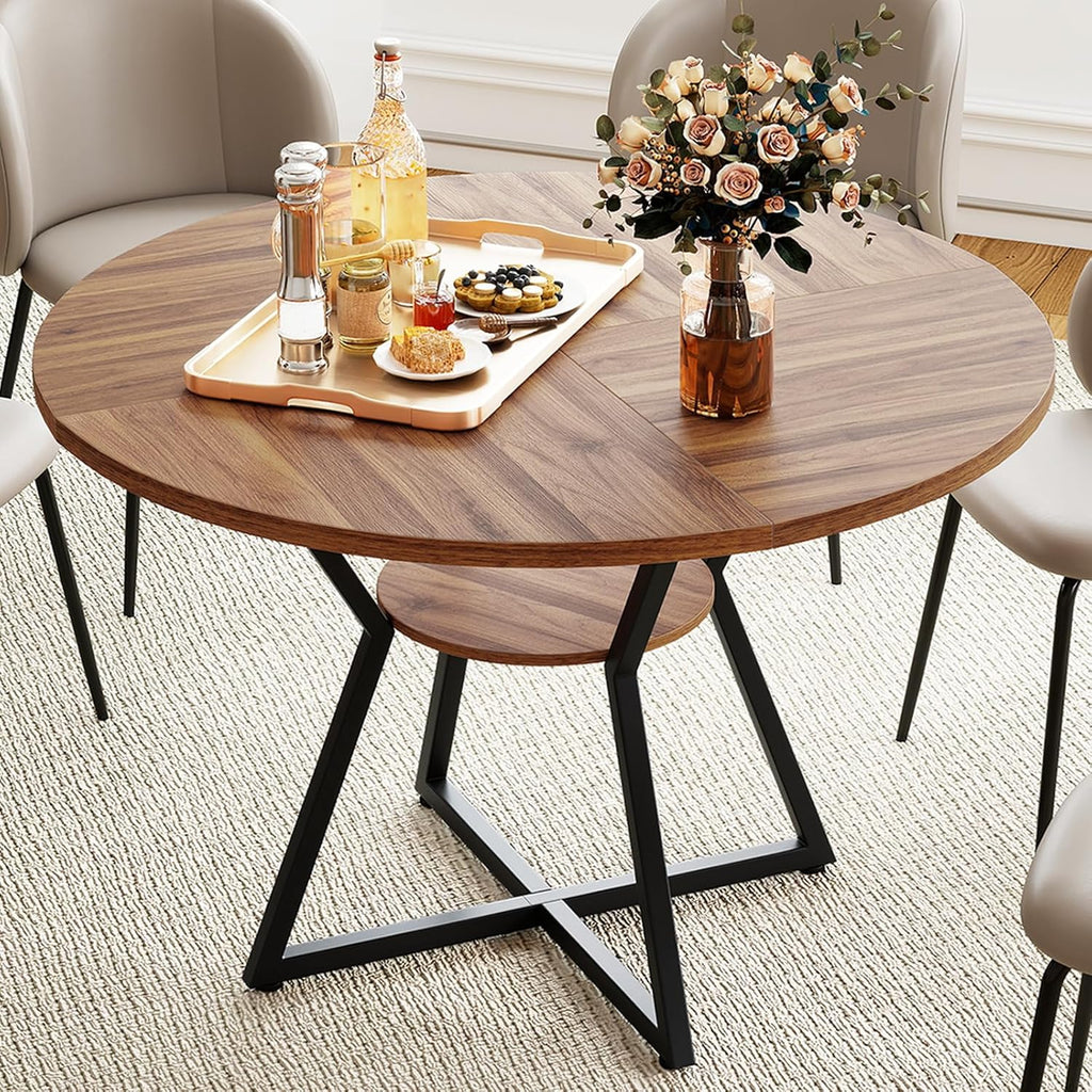 KOTEK 47 Inches Round Dining Table for 4, Farmhouse Kitchen Table with Storage Shelf, X-Shaped Metal Base, Adjustable Foot Pads, Circle Dinner Table for Dining Room, Living Room