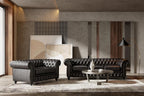 Valencia Parma Chesterfield 3 Seater Sofa 82" | Premium Leather | Mid-Century Leather Couch with Classic Button Tufted Back, Wood Legs for Living Room, Black